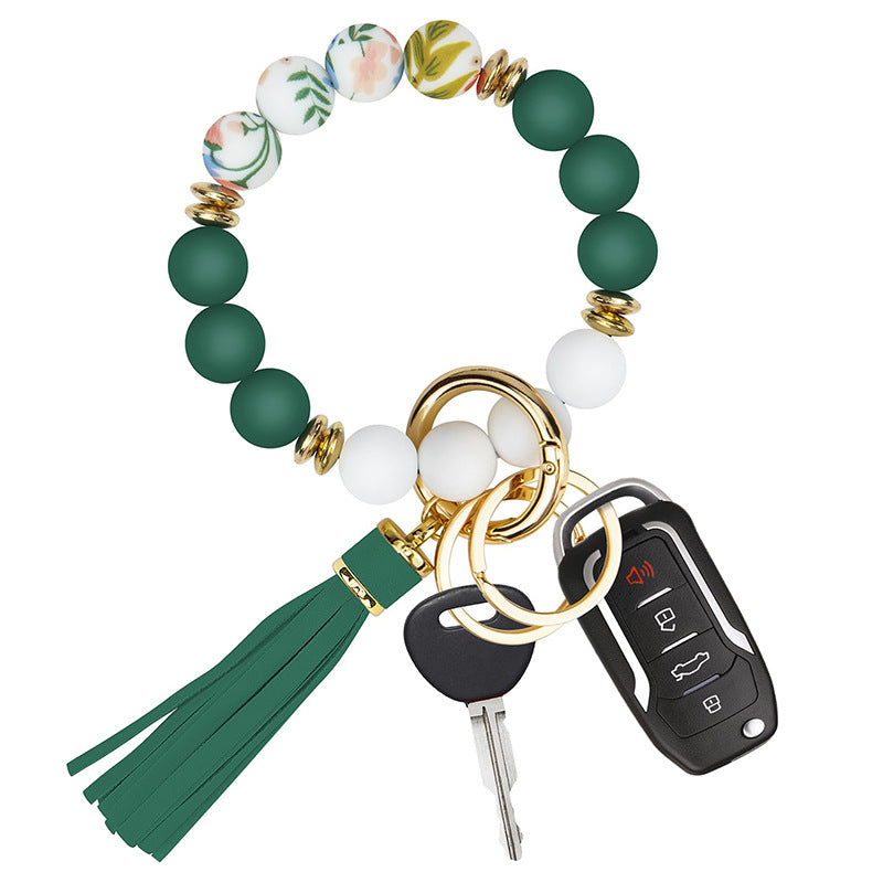 Silicone Beaded Bracelet Keychain Floral Beaded Bangle Key Ring Pendant