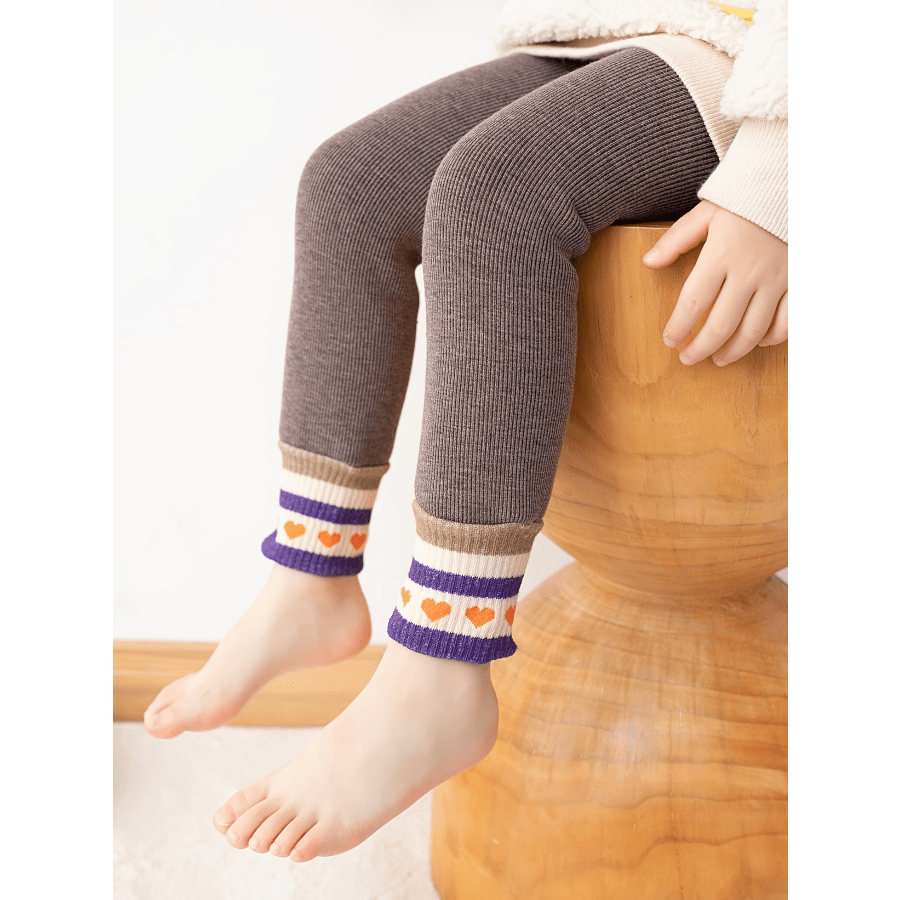 Girls Kids Fleece Warm Striped Heart Leggings