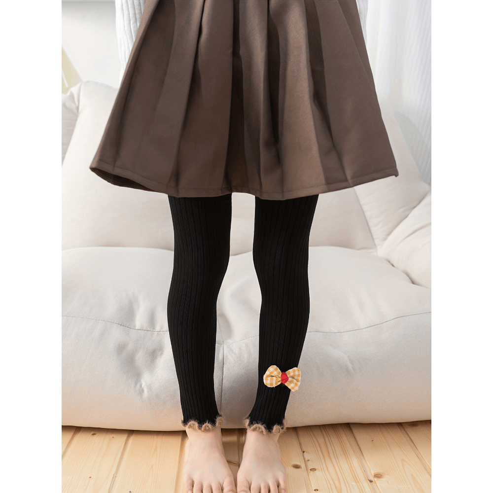 Girls Ruffle Trim Bow Leggings Plush Thickening Pantyhose