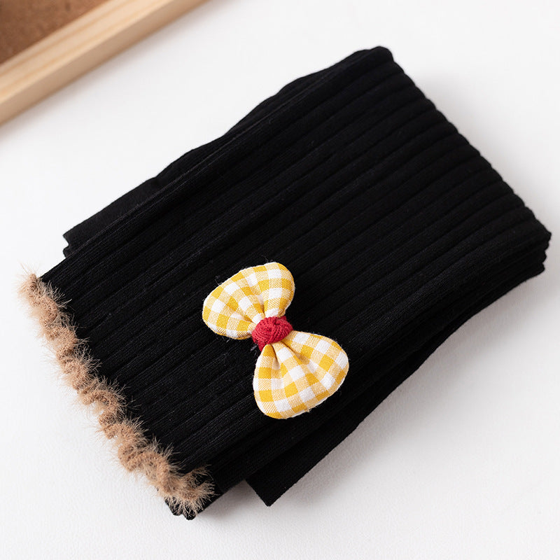 Girls Ruffle Trim Bow Leggings Plush Thickening Pantyhose