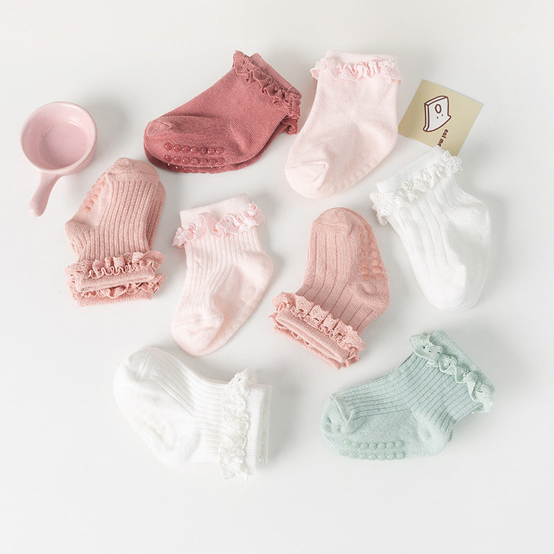 4 Pairs Princess Socks Baby Toddlers Non Slip Lace Ruffled Plain Colors