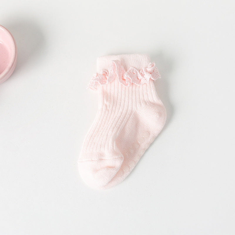 4 Pairs Princess Socks Baby Toddlers Non Slip Lace Ruffled Plain Colors