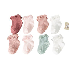 4 Pairs Princess Socks Baby Toddlers Non Slip Lace Ruffled Plain Colors