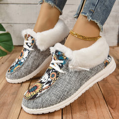 Women's Sunflower Pattern Short Boots Plush Lined Shoes