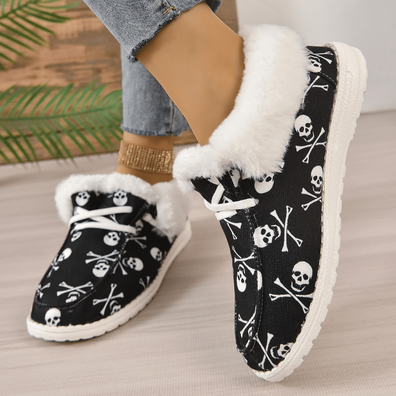Women's Skull Pattern Short Boots Plush Lined Outdoor Halloween Shoes