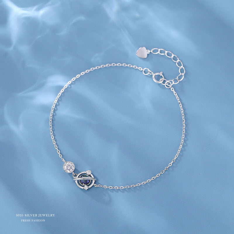 925 Silver Crystal Planet Charm Bracelet Bangle for Girls Party Jewelry Gift