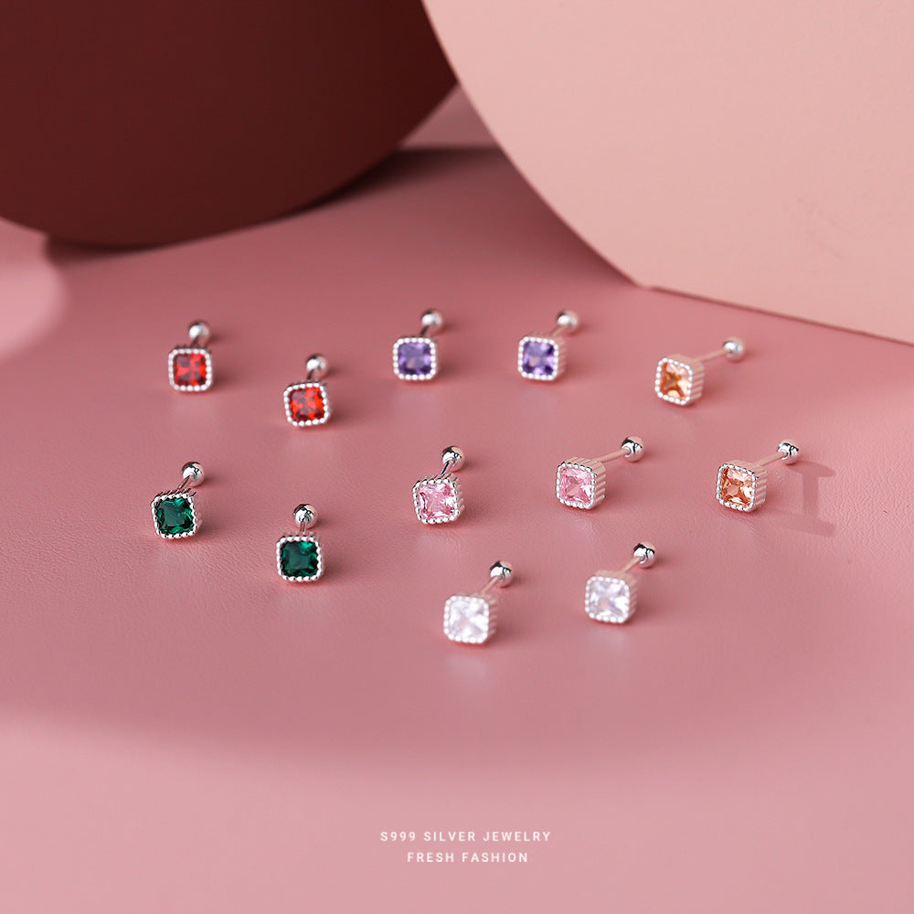 12pcs S999 Silver Colorful Zircon Stud Earrings Set Minimalist Ear Jewelry Gift