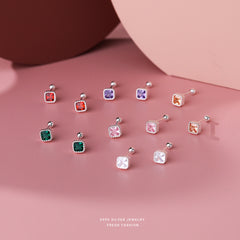 12pcs S999 Silver Colorful Zircon Stud Earrings Set Minimalist Ear Jewelry Gift