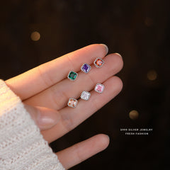 12pcs S999 Silver Colorful Zircon Stud Earrings Set Minimalist Ear Jewelry Gift