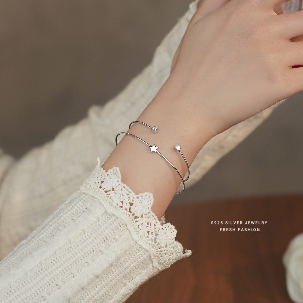 S925 Silver Star Zircon Double Layer Bangle Stackable Line Hand Jewelry