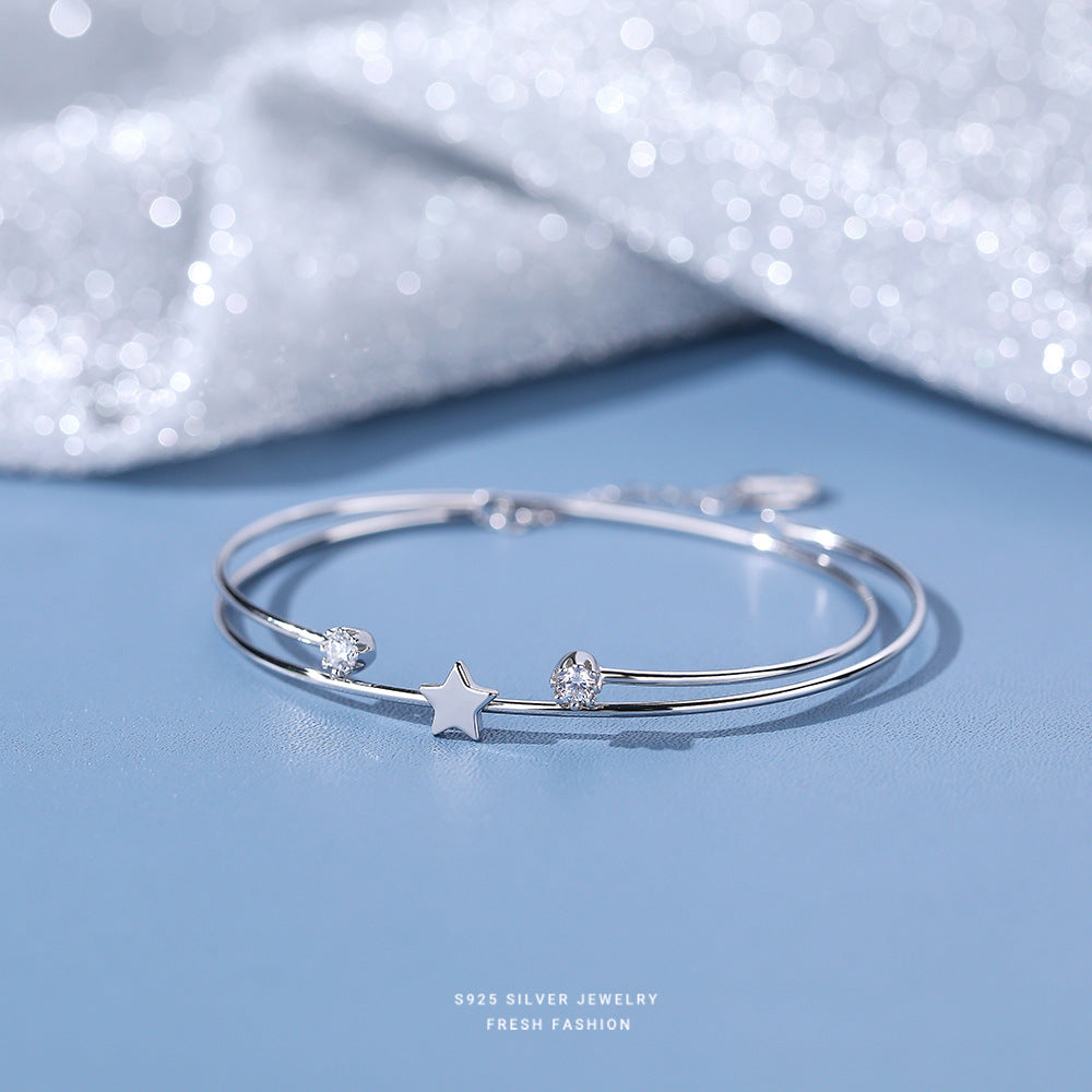 S925 Silver Star Zircon Double Layer Bangle Stackable Line Hand Jewelry