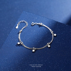 S925 Sterling Silver Small Star & Bead Double Layer Bracelet Hand Jewelry