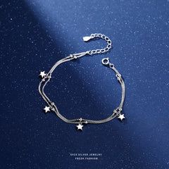 S925 Sterling Silver Small Star & Bead Double Layer Bracelet Hand Jewelry