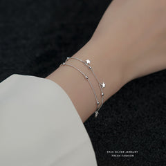 S925 Sterling Silver Small Star & Bead Double Layer Bracelet Hand Jewelry