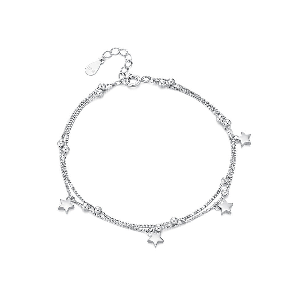 S925 Sterling Silver Small Star & Bead Double Layer Bracelet Hand Jewelry