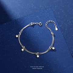 S925 Sterling Silver Small Star & Bead Double Layer Bracelet Hand Jewelry