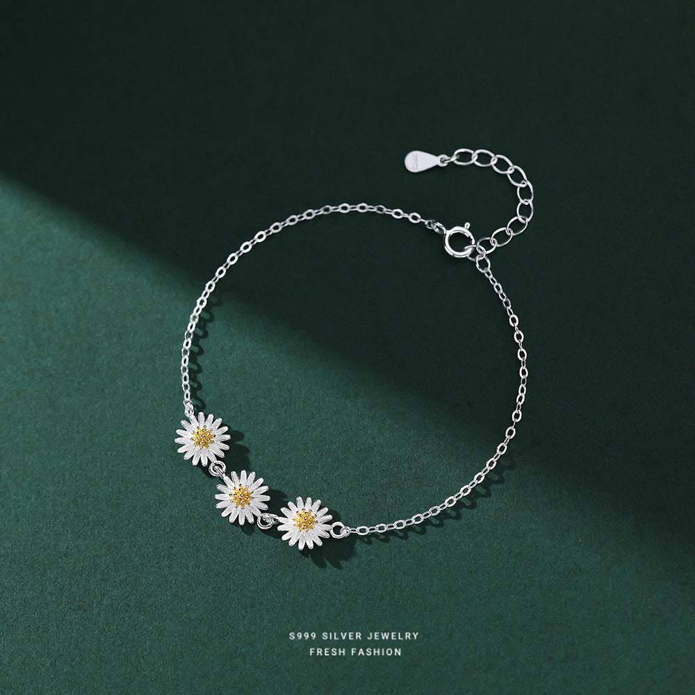 S925 Flower Daisy Decor Bracelet Silver Hand Jewelry Girls Gift