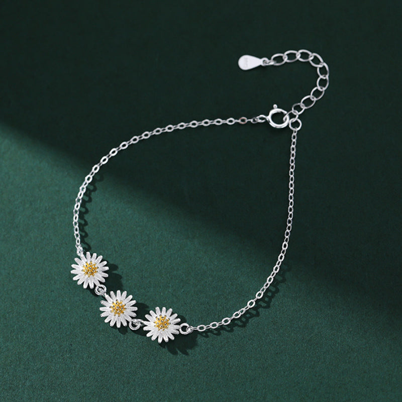 S925 Flower Daisy Decor Bracelet Silver Hand Jewelry Girls Gift