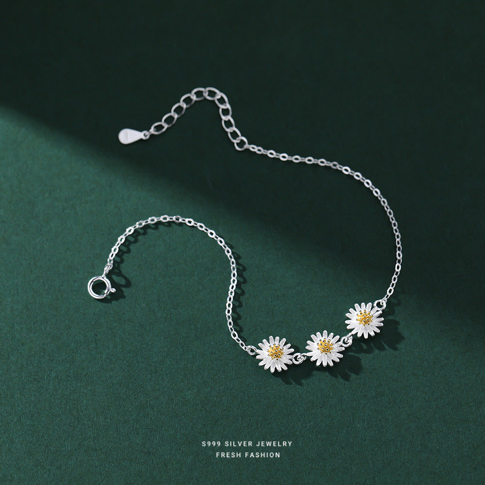 S925 Flower Daisy Decor Bracelet Silver Hand Jewelry Girls Gift