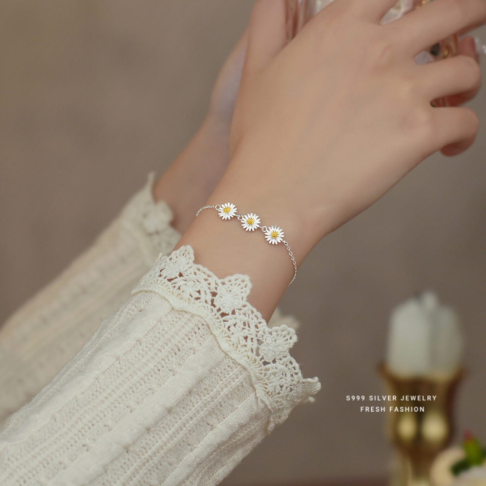 S925 Flower Daisy Decor Bracelet Silver Hand Jewelry Girls Gift