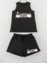 Cat & Heart Print Tank Top & Shorts Pajama Set