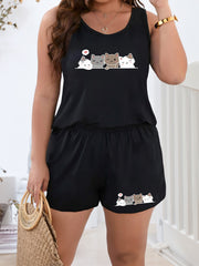 Cat & Heart Print Tank Top & Shorts Pajama Set