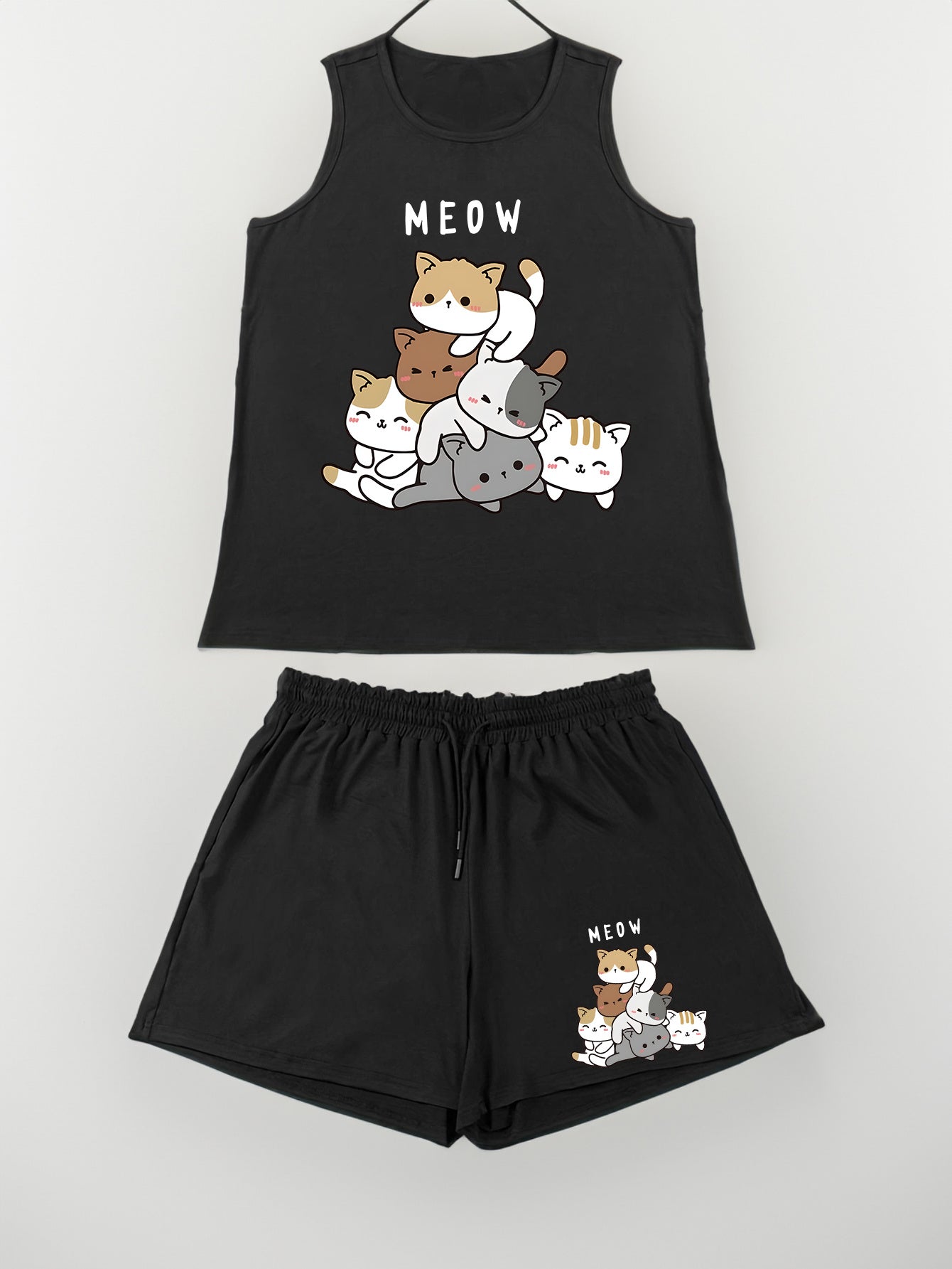 Cat & Letter Print Tank Top & Shorts Pajama Set
