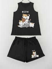 Cat & Letter Print Tank Top & Shorts Pajama Set