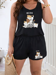 Cat & Letter Print Tank Top & Shorts Pajama Set