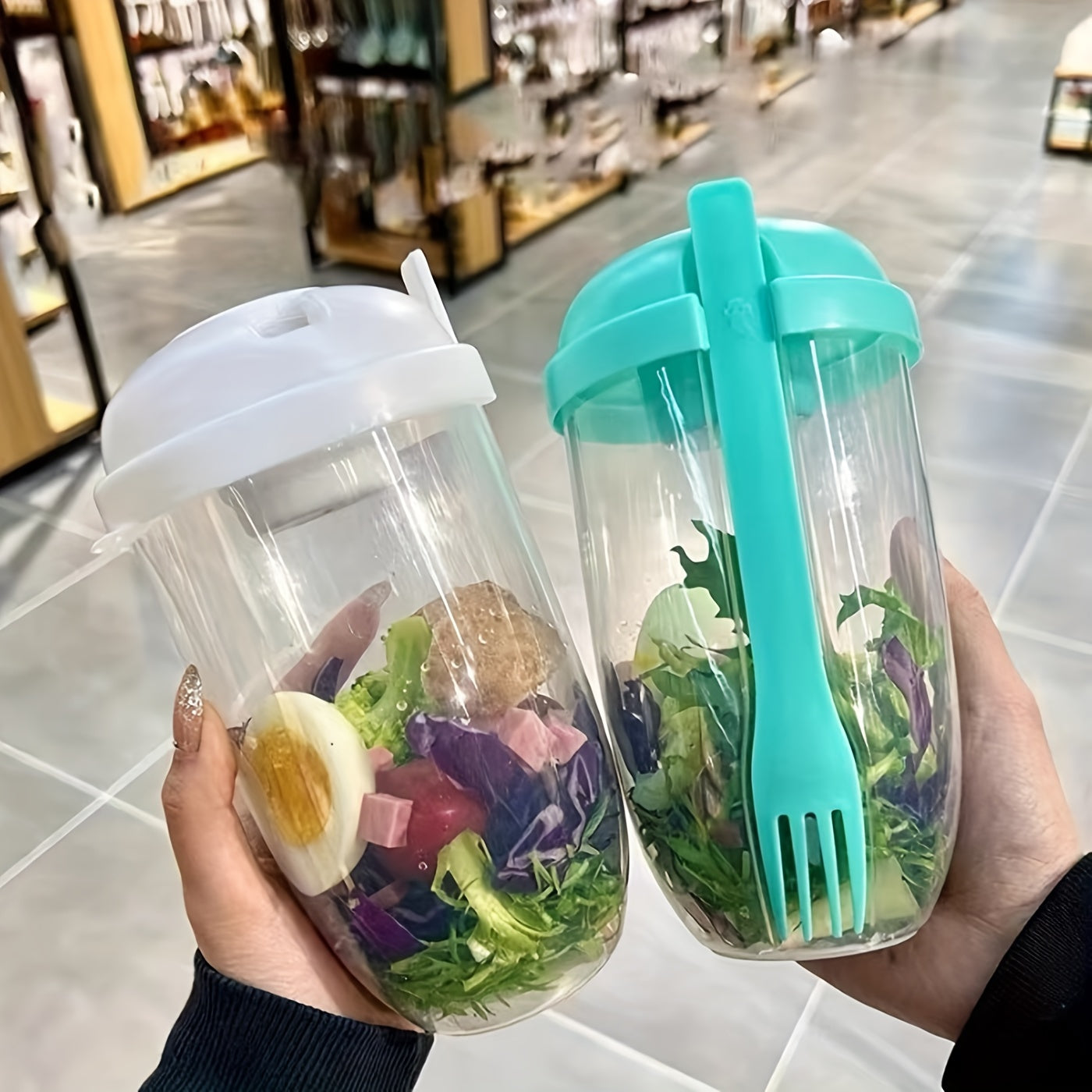 Clear Salad Cup w/ Fork 1000ml Portable Fruit Milk Cup