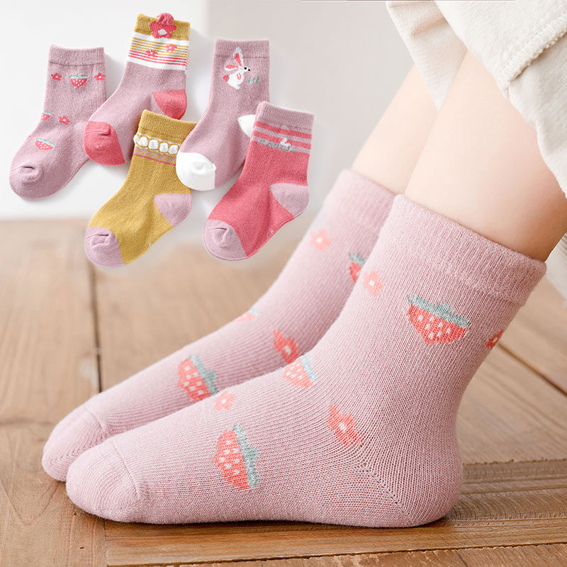 5 Pairs Girls Cartoon Crew Socks for Autumn Winter