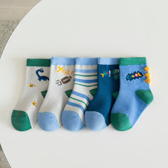 5 Pairs Boys Small Dinosaur Socks for Autumn Winter, Children's Cartoon Pattern
