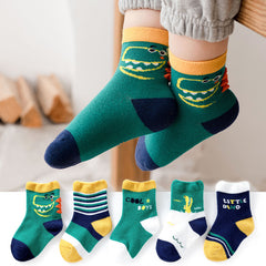 5 Pairs Boys Small Dinosaur Socks for Autumn Winter, Children's Cartoon Pattern