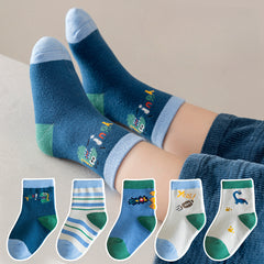 5 Pairs Boys Small Dinosaur Socks for Autumn Winter, Children's Cartoon Pattern