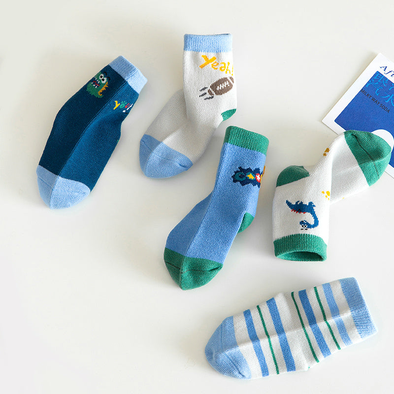 5 Pairs Boys Small Dinosaur Socks for Autumn Winter, Children's Cartoon Pattern