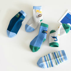 5 Pairs Boys Small Dinosaur Socks for Autumn Winter, Children's Cartoon Pattern