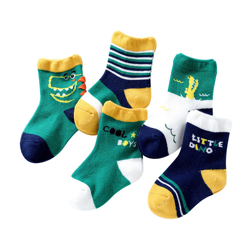 5 Pairs Boys Small Dinosaur Socks for Autumn Winter, Children's Cartoon Pattern