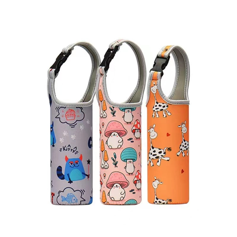 Cartoon Printed Neoprene Cup Sleeve w/ Buckle Handle Heat Resistant Bag