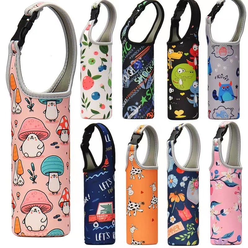 Cartoon Printed Neoprene Cup Sleeve w/ Buckle Handle Heat Resistant Bag