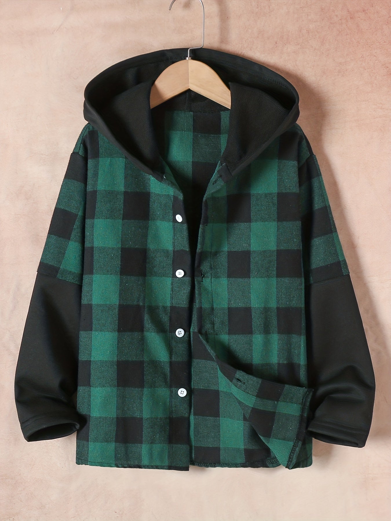 Boys Plaid Hooded Shirt Jacket For Spring And Autumn