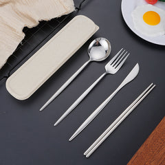 4pcs Stainless Steel Tableware Set Fork Spoon Chopsticks Travel Kitchen Supplies