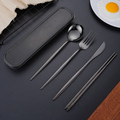 4pcs Stainless Steel Tableware Set Fork Spoon Chopsticks Travel Kitchen Supplies