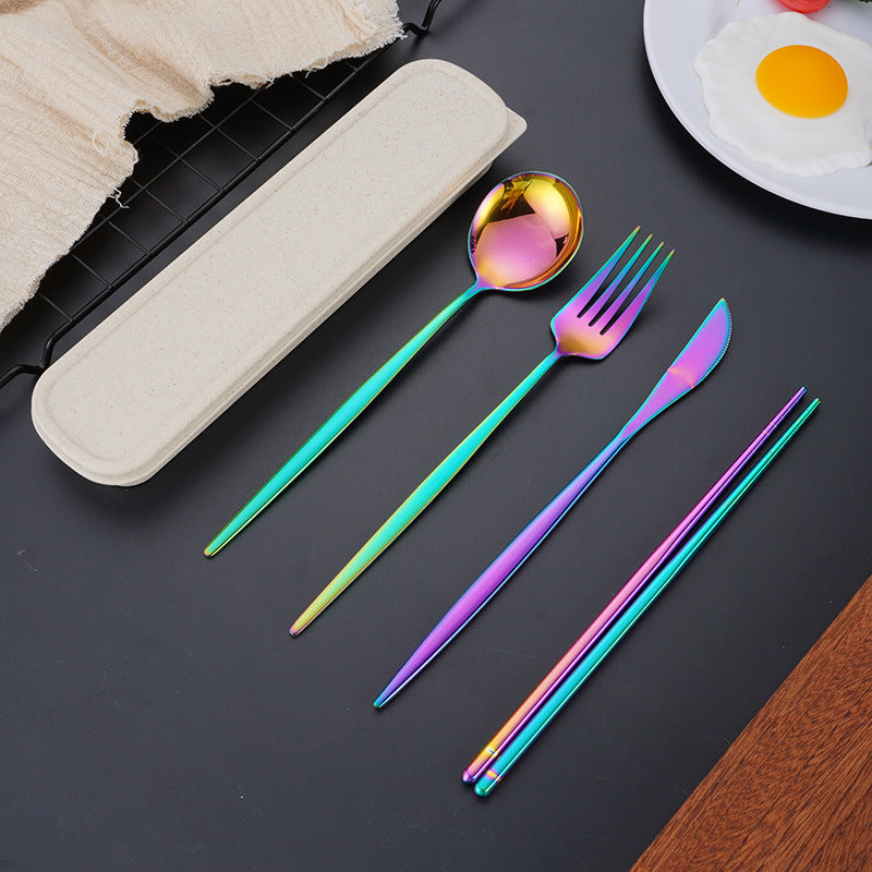 4pcs Stainless Steel Tableware Set Fork Spoon Chopsticks Travel Kitchen Supplies