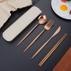 4pcs Stainless Steel Tableware Set Fork Spoon Chopsticks Travel Kitchen Supplies