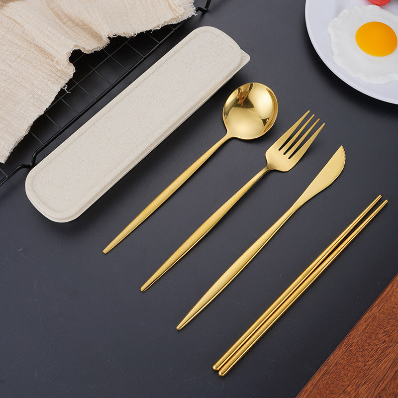 4pcs Stainless Steel Tableware Set Fork Spoon Chopsticks Travel Kitchen Supplies