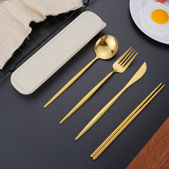 4pcs Stainless Steel Tableware Set Fork Spoon Chopsticks Travel Kitchen Supplies