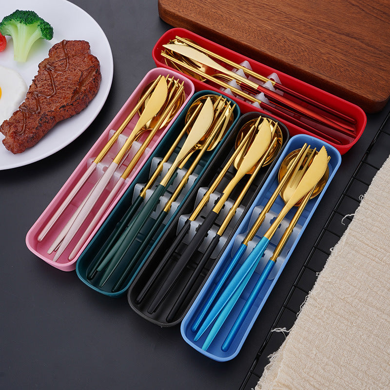 4pcs Stainless Steel Tableware Set Fork Spoon Chopsticks Travel Kitchen Supplies