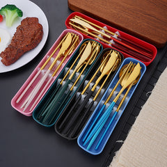 4pcs Stainless Steel Tableware Set Fork Spoon Chopsticks Travel Kitchen Supplies