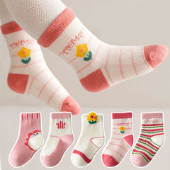 5 Pairs Girls Kids Cartoon Flower Crew Socks for Autumn Winter