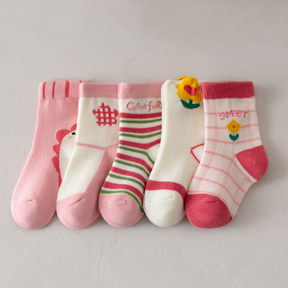5 Pairs Girls Kids Cartoon Flower Crew Socks for Autumn Winter